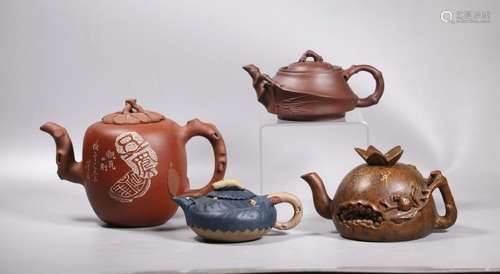 4 Chinese Teapots; 1 Bamboo, 3 Yixing