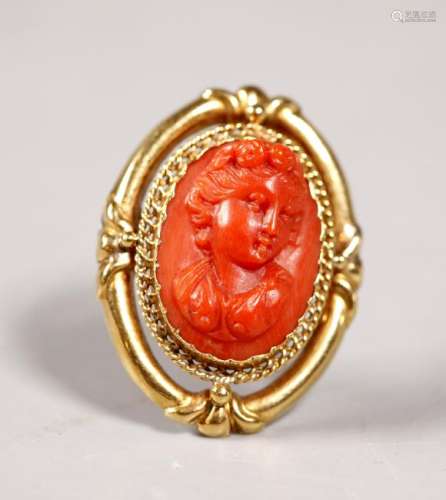 Mid 19 C Carved Oval Coral Beauty 18K Gold Brooch