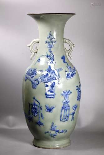 Chinese 19 C Blue & White Celadon Porcelain Vase