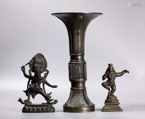 Chinese Bronze Gu; 1 Tibetan & 1 Indian Figure