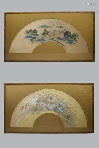 2 - Asian Fan-Shaped Paintings on Fabric; Framed