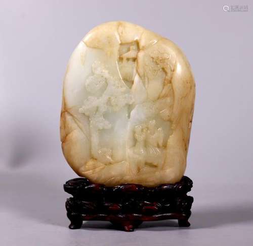 Chinese 18/19 C Jade Pebble Montain & Stand