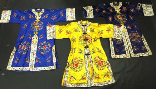 Three Vintage Chinese Rayon Silk Embroidered Coats