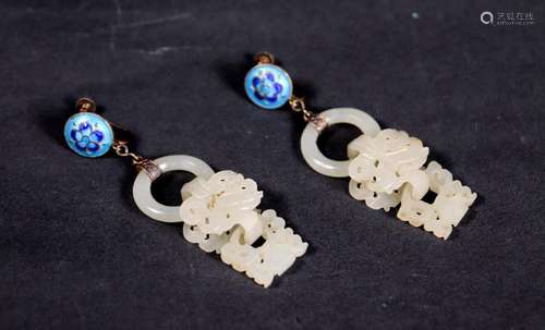 Pair Chinese Qing Carved Triple Ring Jade Earrings