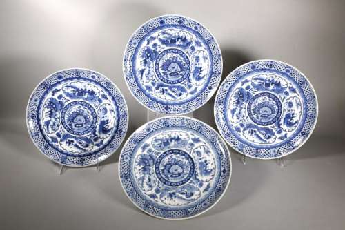 4 Chinese 19 C Blue & White Porcelain Large Plates