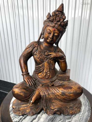 Large Chinese Guanyin in Gold Lacquer over Wood