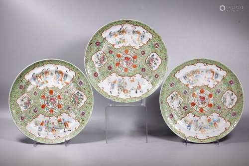 3 Chinese 19 C Lime Green Ground Porcelain Plates