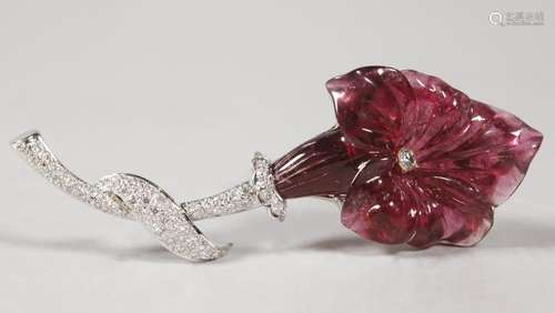 Fine Dark Pink Tourmaline & Diamond 18K Flower Pin