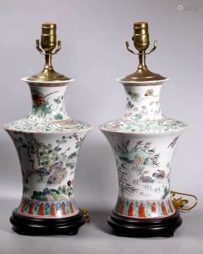 Pair Chinese Famille Verte Porcelain Vase Lamps