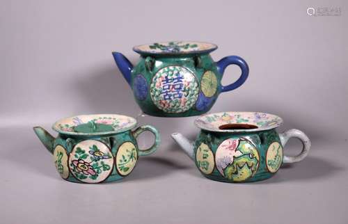 3 Chinese Enameled Yixing Teapots