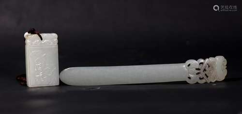 2 Chinese Carved White Jades; Hair Pin & Pendant