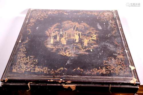 Chinese Black Lacquered Square Box; Gouache Cover