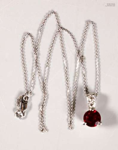 Ruby & 14K White Gold Pendant & 14K Chain