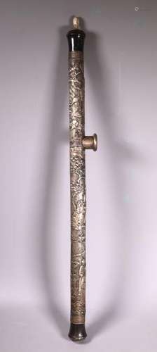 Chinese Fu Lu Shou Opium Pipe Silver Bronze Patina