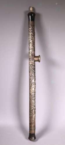 Chinese Fu Lu Shou Opium Pipe Silver Bronze Patina