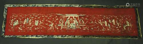 Chinese 18 C Silk Embroidered Red Court Panel