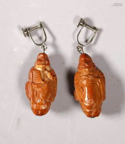 Pr Chinese Peach Pit Buddhist Lohan Bead Earrings