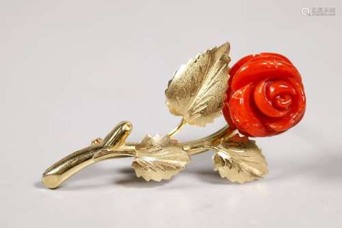 Vintage Carved Dark Coral Rose Flower 18K Gold Pin