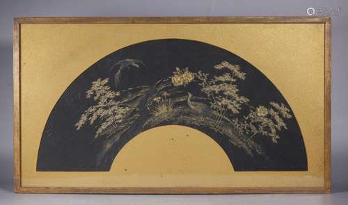 Asian Gold Fan-Shaped Painting on Black Fabric