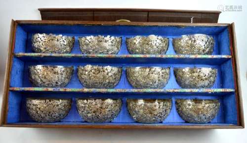 Set 12 Chinese Silver Bowls Clear Glass Liners