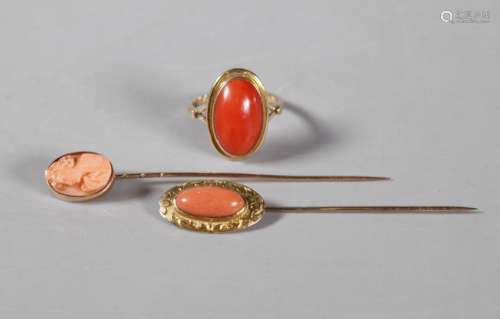 Late 19 C Cabochon Coral Ring, 2 Coral Stick Pins