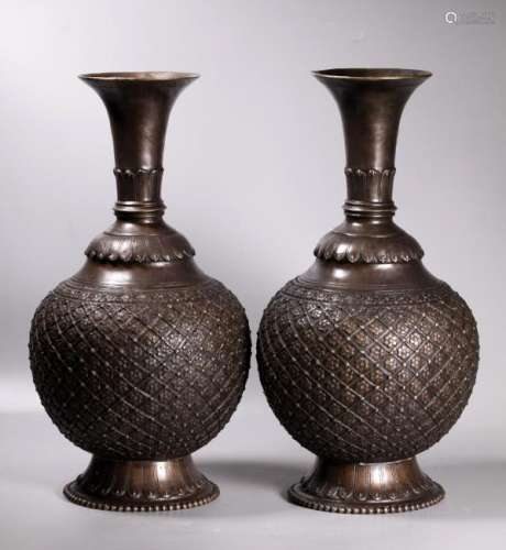 Pair Large Tibetan Cast Bronze Altar Vases