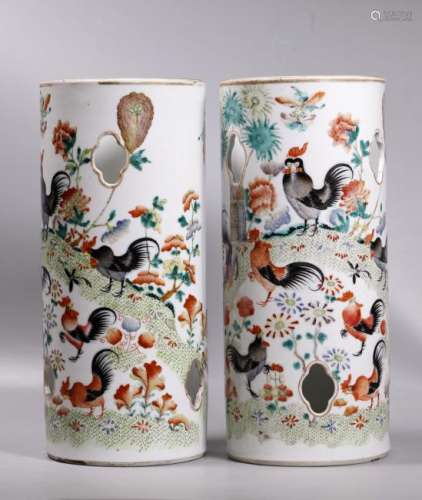 Pair Chinese 19 C Rooster Porcelain Hat Stands