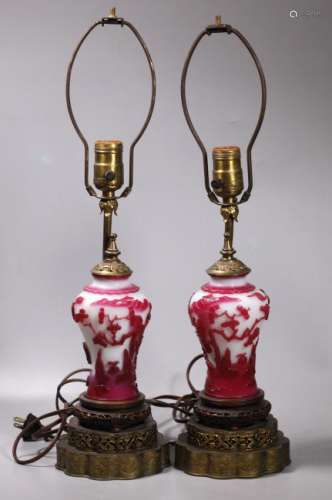 Mirror Pair Chinese Peking Glass Cameo Vases