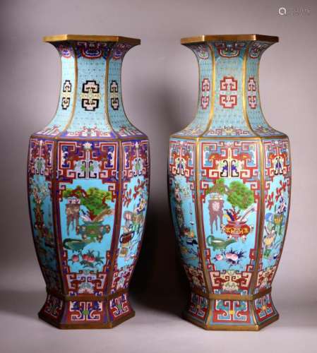Lg Pr Chinese Cloisonne Gilt Bronze Hexagon Vases