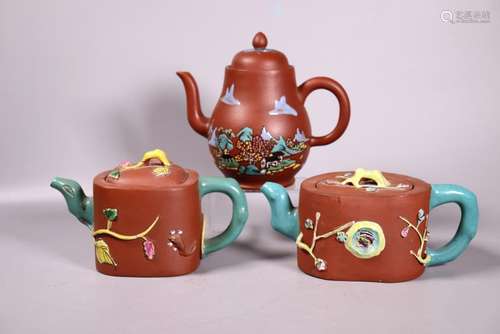 3 Chinese Enameled Yixing Teapots