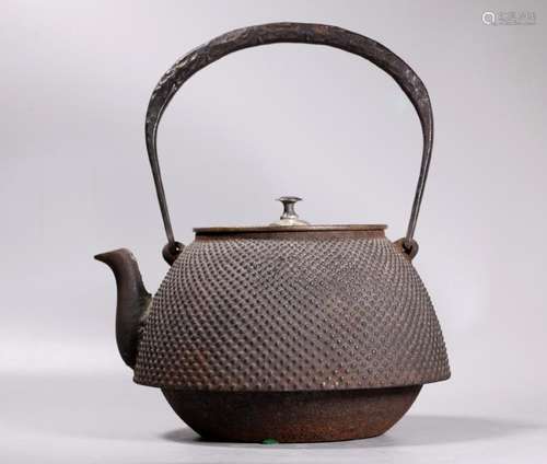 Japanese 19 C Iron Tetsubin Teapot Bronze Top