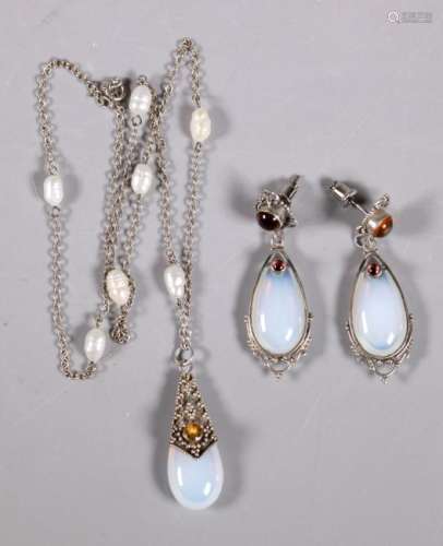 Opaline Drop Earrings, Pendant & Chain Silver Set
