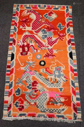 Antique Tibet Double Dragon Carpet Red Orange Gray