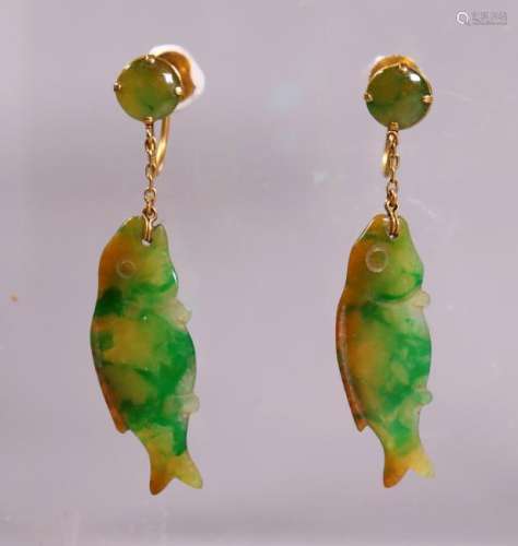 Pr Chinese Green Yellow Jadeite Fish 14K Earrings
