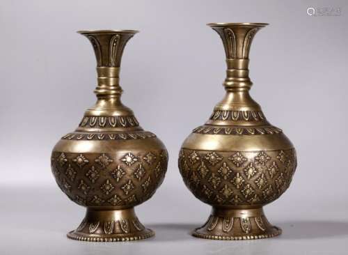 Pair Tibetan Cast Bronze Altar Vases