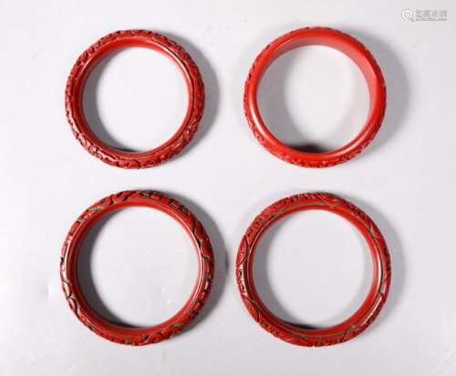 4 Chinese Cinnabar Red Lacquer Bangles