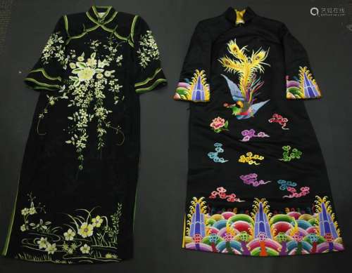 2 Chinese Black Phoenix & Flower Silk Embroideries