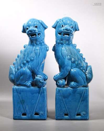 Pair Chinese Turquoise Crackle Porcelain Fu Dogs