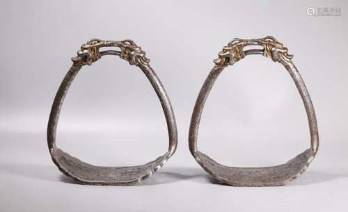 Pair Tibetan Gilt Iron Dragon Head Stirrups