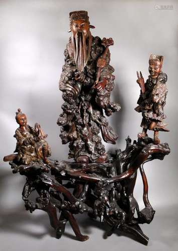 Chinese 19 C Root-Work Luxing & 2 Figures