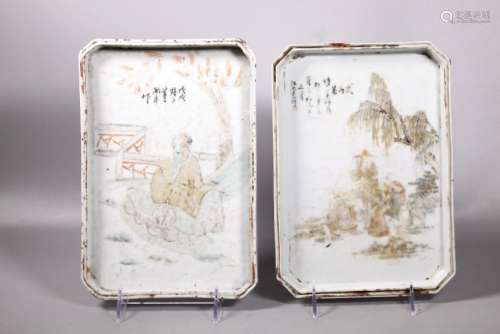 2 Chinese Qing Artist Painted Porcelain Tea Trays