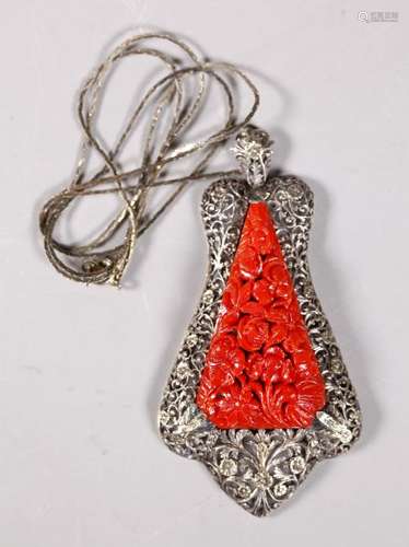 Fine Carved Coral Pendant Filigree Silver Setting