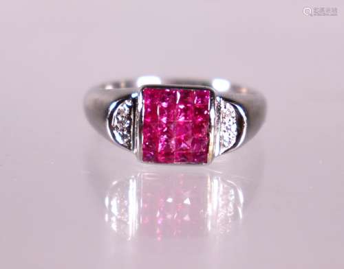 16 Square Cut Invisible Set Rubies 18K Ring