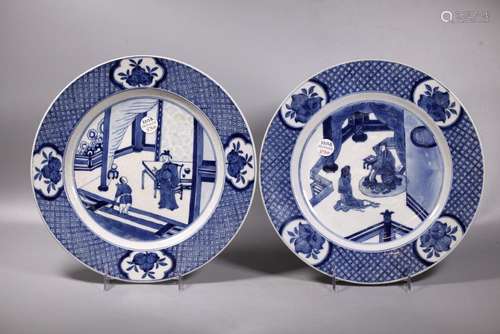 Fine Pr Chinese Qing Blue & White Porcelain Plates