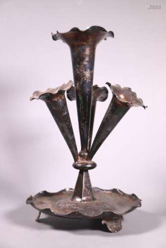 Chinese 19 C Silver 4 Trumpet Centerpiece Vase