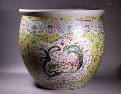 Lg Chinese Qing Porcelain Dragon Phoenix Fish Bowl