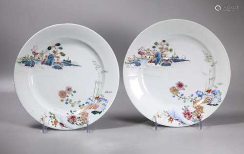 Pr Chinese 18C Enameled Landscape Porcelain Plates