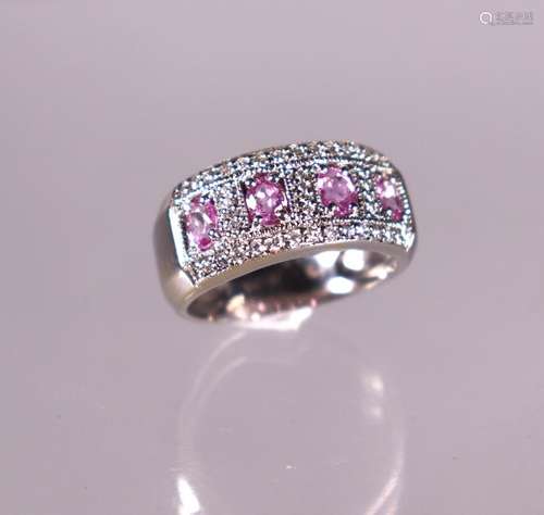 4 Oval Cut Pink Sapphires & Diamonds 14K Ring