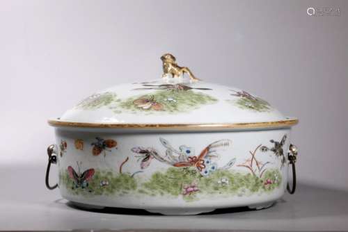 Large Chinese 19 C Butterfly Porcelain Pot & Cover