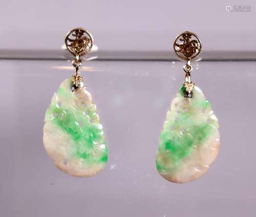 Pr Chinese Qing Jadeite Bat & Cash 14K Earrings